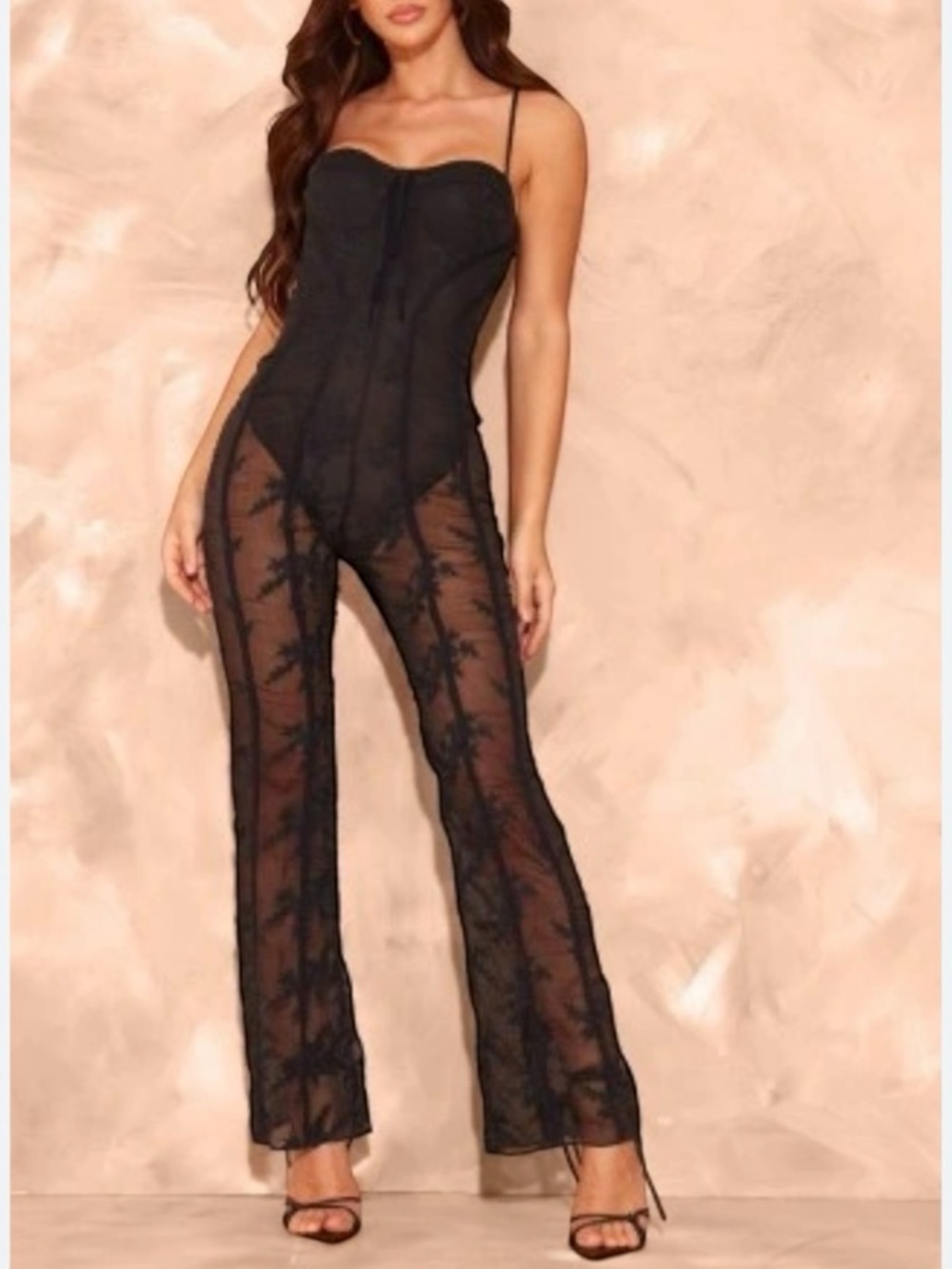 NWT PrettyLittleThing Black Lace Binding Detail Strappy Flare Sheer Jumpsuit